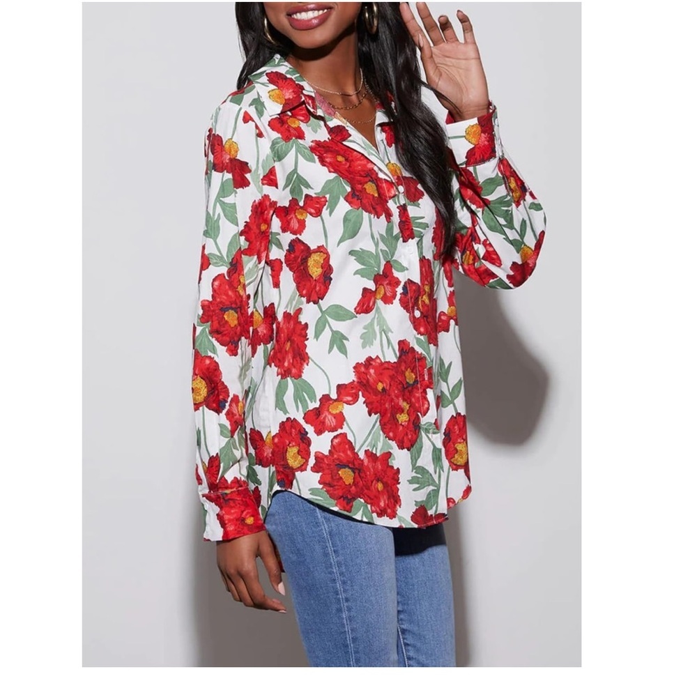 Floral Red and White Women's Top size XS NEW - Picture 3 of 8